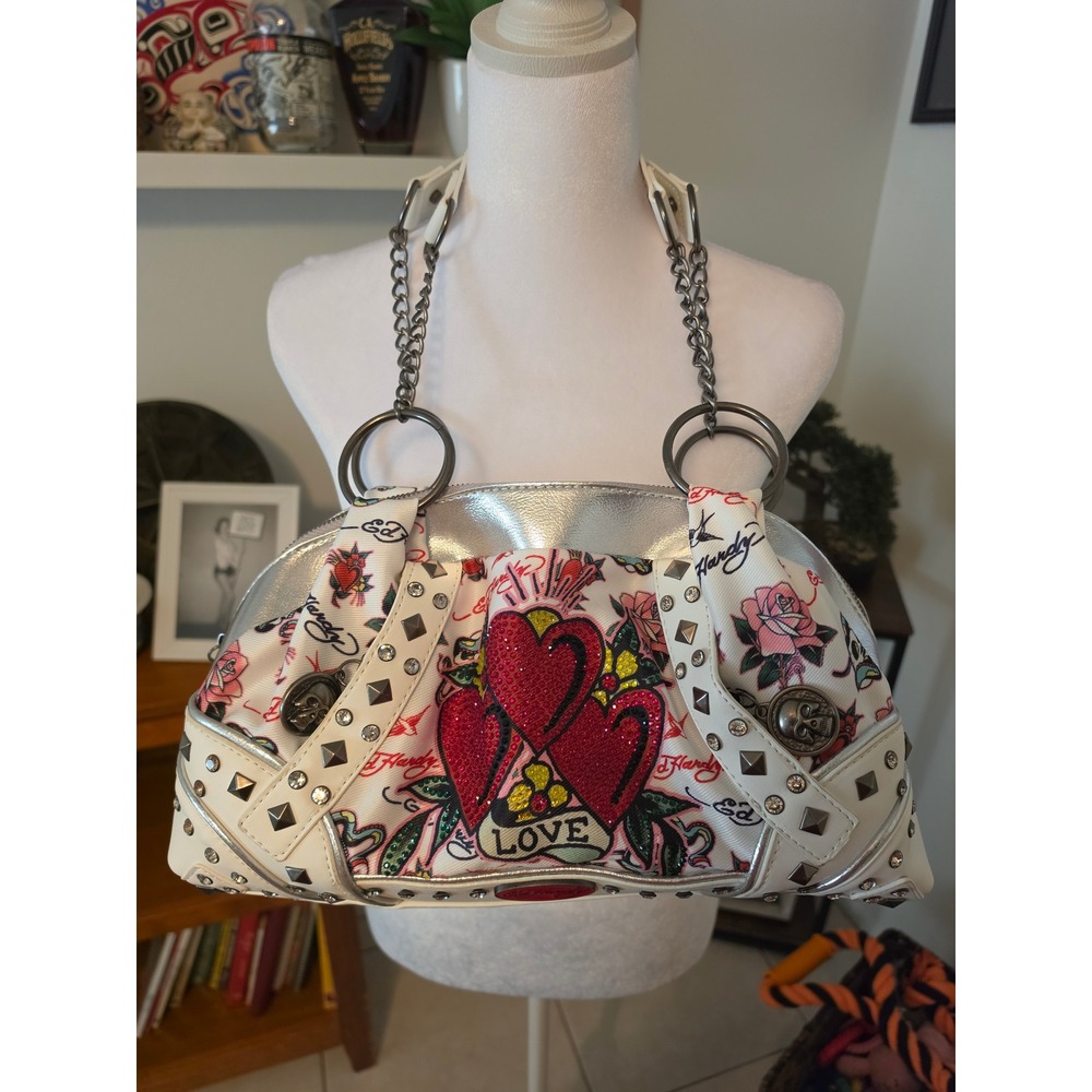 Ed Hardy Christian Audigier Love Heart Tattoo Print Studded Shoulder Bag White